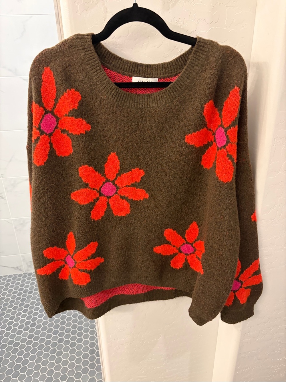 Miracle Brown Crewneck Sweater with Orange and Pink Floral Motif